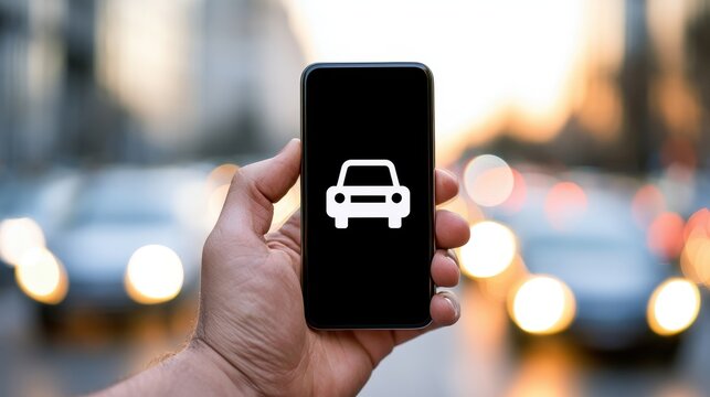 Photographic close-up of a smartphone in a hand with a rideshare icon on screen and bokeh city lights behind