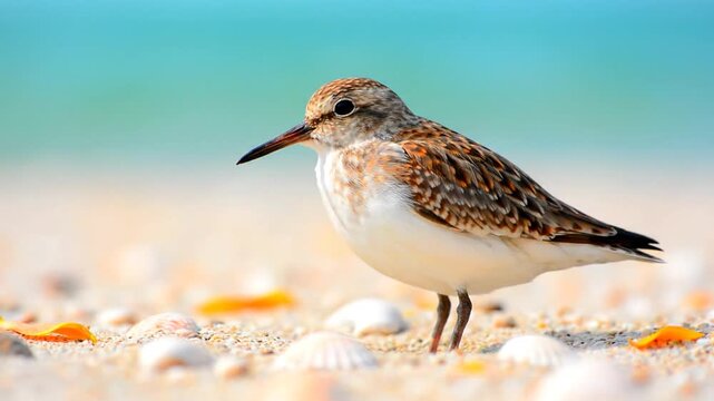 Small sandpiper bird standing on a seashell beach during soft daylight with blurred ocean background