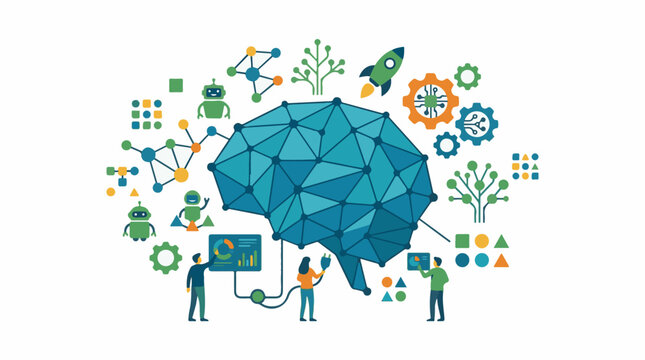 A large blue brain made of polygons surrounded by people and various icons