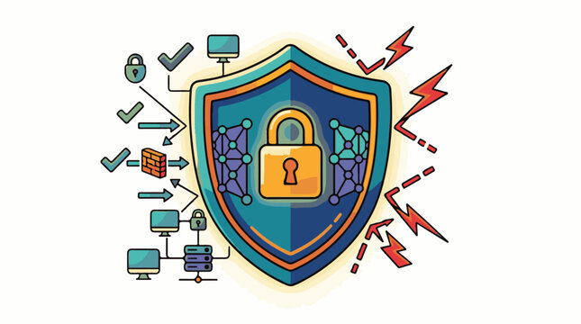 A colorful shield with a lock and various computer-related icons around it