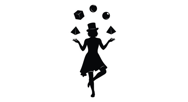 Juggling performer in a dress and top hat depicted as a black silhouette juggler artist entertainer acrobat circus showman player