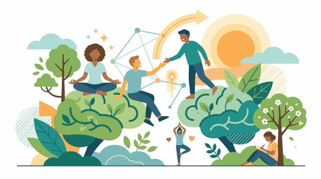 A colorful illustration of people meditating and connecting on green brain-shaped rocks