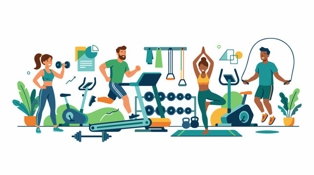 A colorful illustration of four people exercising in a gym with various equipment (5) (1)