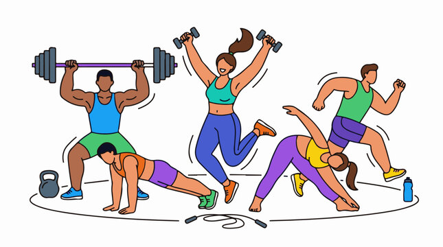 A colorful illustration of five people engaging in various exercises