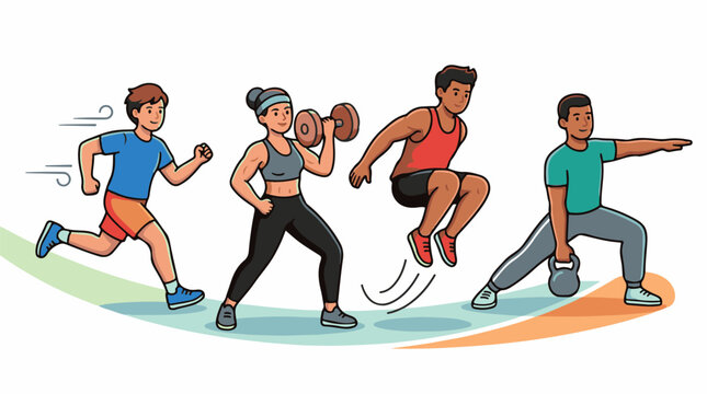 A colorful illustration of four people engaging in various fitness activities (6)