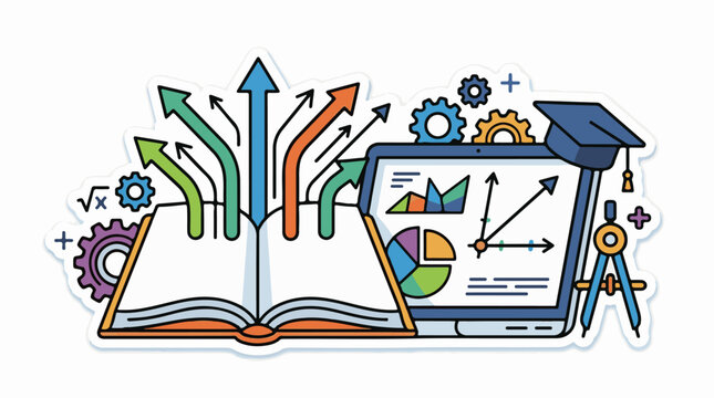 A colorful illustration of an open book beside a laptop with graphs on its screen