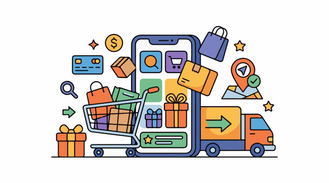 A colorful illustration of a smartphone with a shopping cart and various e-commerce symbols