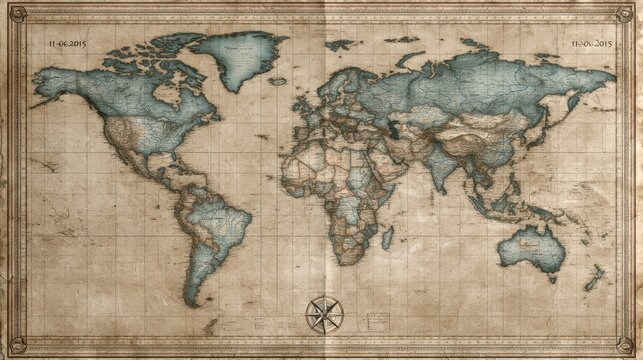 Illustrated world map on parchment featuring latitude/longitude grid and margin date