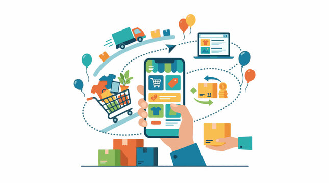 A colorful illustration of a person holding a smartphone surrounded by online shopping and delivery icons