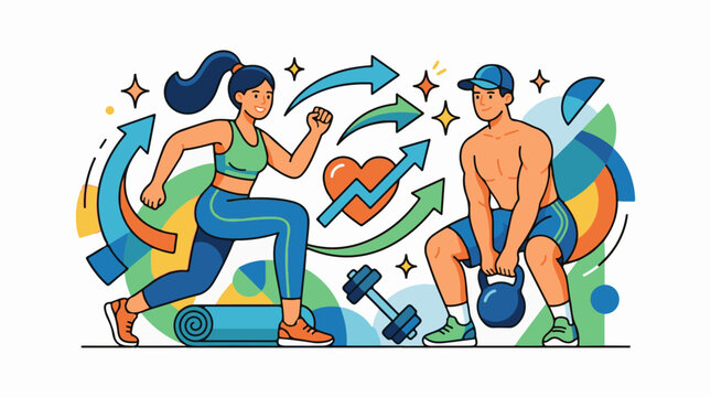 A colorful illustration of a man and woman engaging in fitness activities