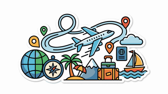 A colorful illustration depicting travel-related icons