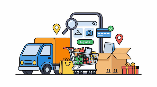 A colorful illustration depicting a delivery truck surrounded by online shopping elements