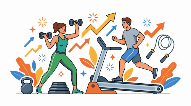A cartoon illustration of a man and woman engaging in a workout routine with exercise equipment (2)