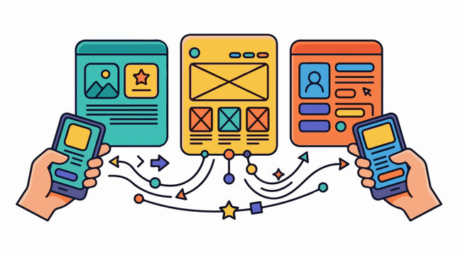 A colorful graphic depicting three mobile phones and their connections