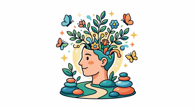 A cartoon human head with flowers and butterflies