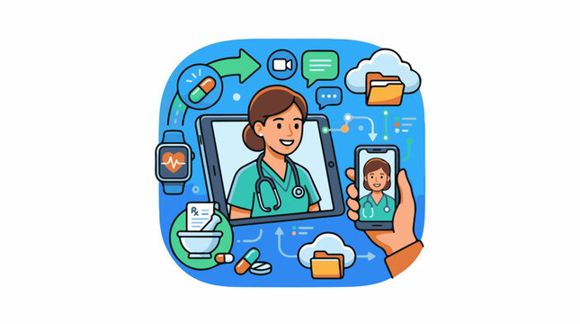 A cartoon female doctor in teal scrubs appears on a tablet and phone screen