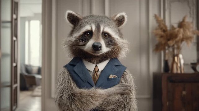 A sophisticated raccoon standing upright in a contemporary house interior wearing a neat three piece business suit confident stance studio lighting crisp focus