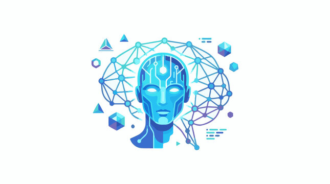 A blue-tinted humanoid head with a neural network and geometric shapes surrounding it