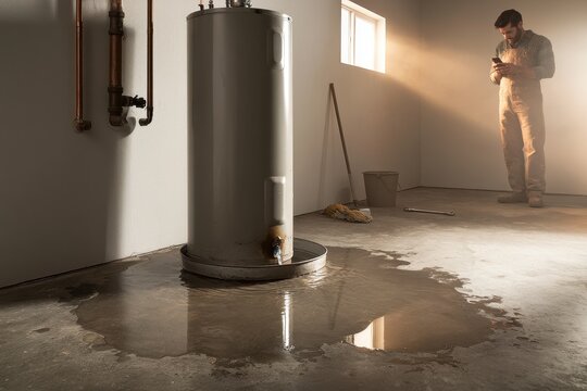 Water heater leak in a utility room with overflowing drip pan and wet floor, signaling need for plumbing inspection and service