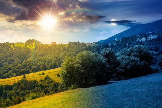 countryside mountain landscape of ukraine. day meet night. sun and moon over rural fields and forested hills at twilight. remote place of mizhhirya district in transcarpathia for summer vacations