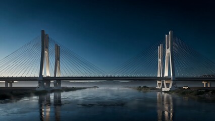 Fototapeta premium Modern cable bridge with luminous blue deck strip – Suitable for high-tech transportation, municipal planning, or clean backdrops.