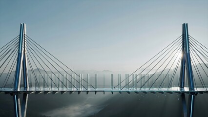 Fototapeta premium Futuristic glass bridge with blue holographic blueprints – Great for software modeling, structural architecture, or tech summits.