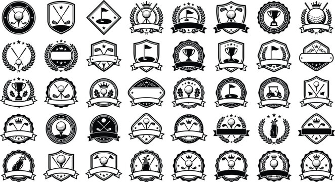 Black and white golf club emblem logo badges vector icons set with laurels ribbons shields and vintage tournament templates