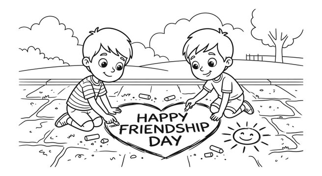 International friendship day illustration two boys drawing a heart in the sand