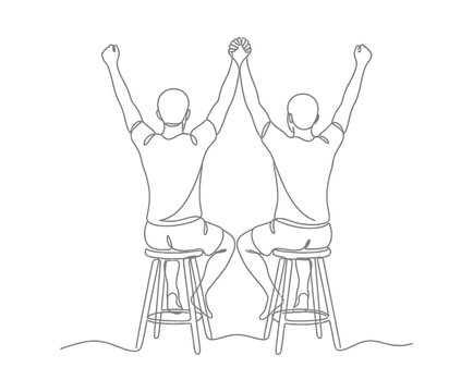 International friendship day two friends celebrating with raised hands continuous line art