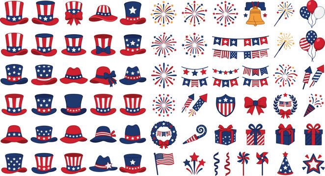 USA 4th of July Independence Day patriotic party celebration elements and Uncle Sam hat icons set vector illustration graphic design