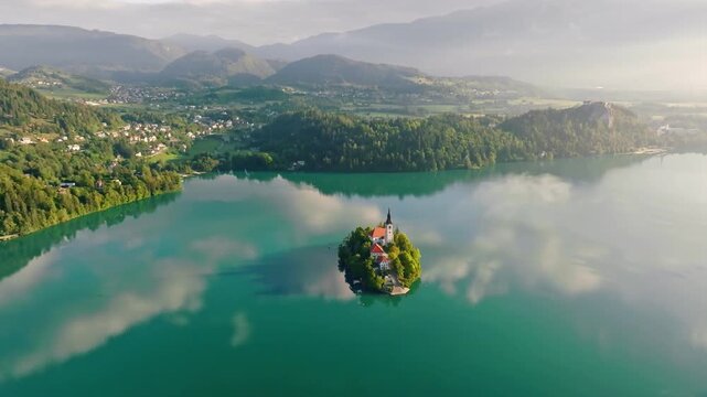 Calm turquoise water reflects morning clouds around beautiful Lake Bled island in Slovenia. Aerial 4K highlights historic Pilgrimage Church surrounded by wild green forests of Lake Bled
