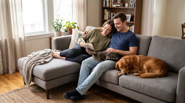 Couple sits on sofa reading with their cat and golden retriever. Warm domestic atmosphere of comfort and love. Ideal for lifestyle and home insurance marketing.