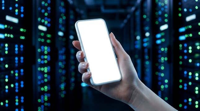 Person holding a smartphone with a blank screen in front of a server room data center