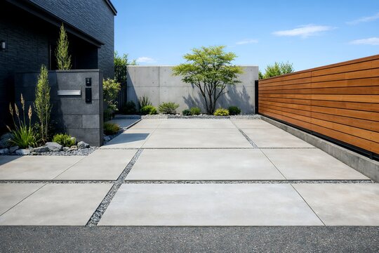 モダンデザインの家と駐車場を彩る青空の風景