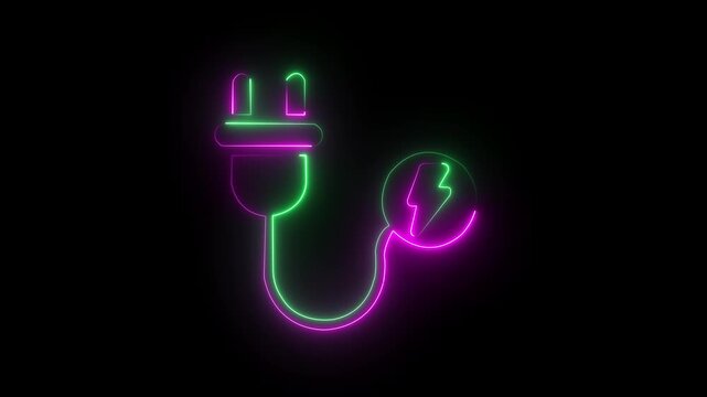 neon electric plug and lightning bolt power charge icon isolated on black background, power charge icon isolated on black background,neon line power charging icon animation. 4k video.