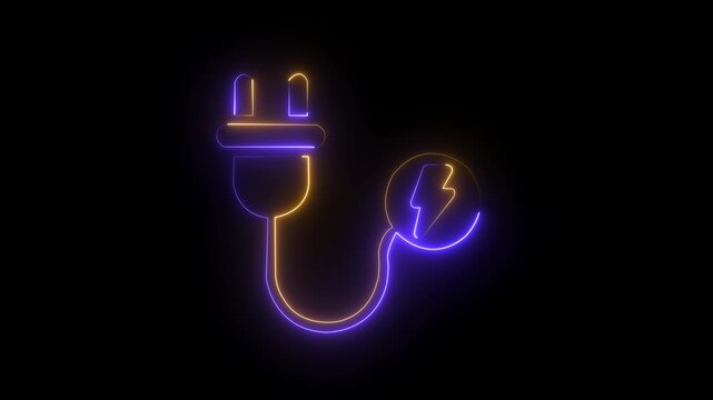 Glowing neon electric plug and lightning bolt power charge icon isolated on black background,neon line power charging icon animation. 4k video.