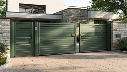 Naklejka premium Modern house exterior with green sliding gates and stone wall