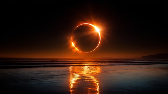 Dramatic total eclipse with glowing corona against a dark space background