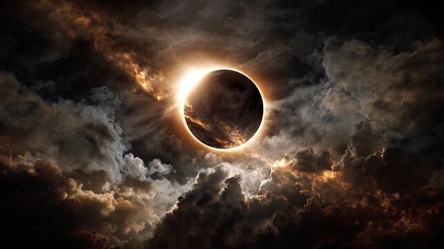 Dramatic total eclipse with glowing corona against a dark space background