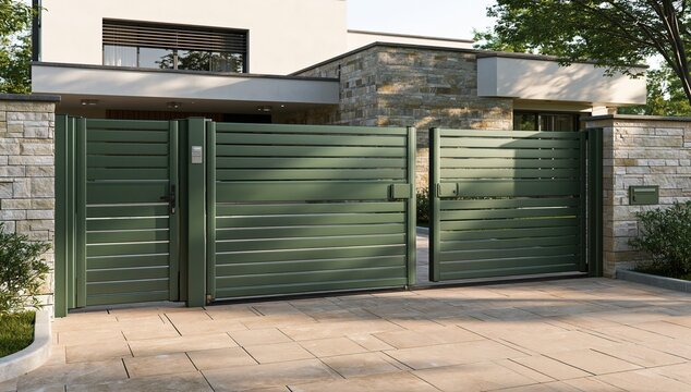 Modern house exterior with green sliding gates and stone wall