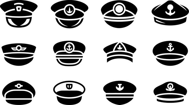 Collection of illustrated black captain hats and pilot caps isolated on white background