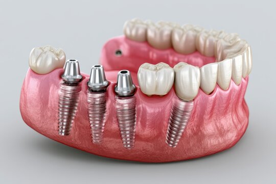 Upper arch overdenture secured by four dental implants with titanium abutments