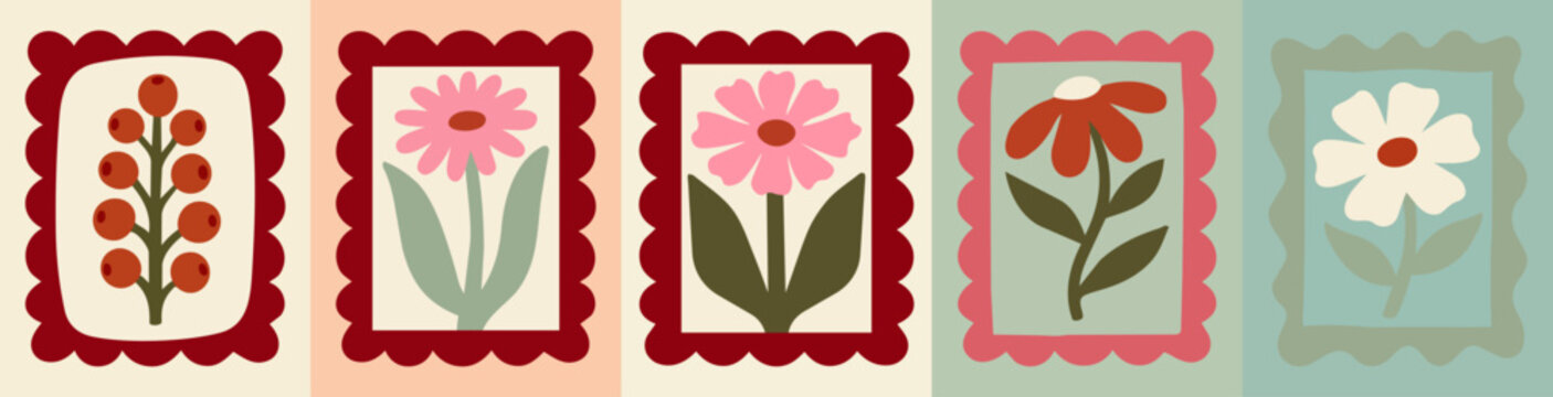 Set of five decorative botanical stamps featuring hand drawn flowers and berries in scalloped frames with pastel backgrounds for modern wall art decor