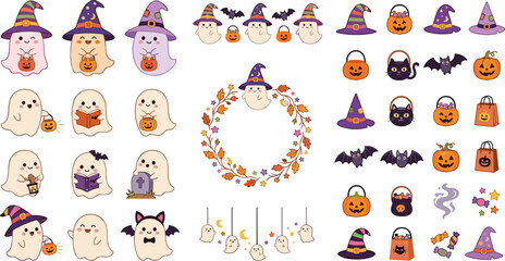 Fototapeta premium Cute Halloween Ghost Characters and Spooky Elements Vector Set with Pumpkins Bats Witch Hats and Autumn Wreath