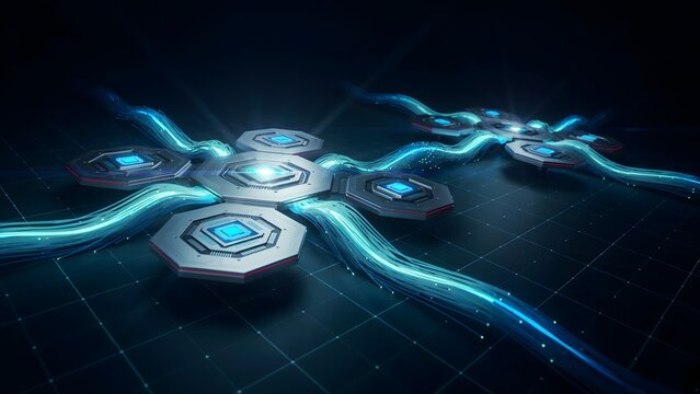 Interconnected hexagonal chips with cyan data streams &ndash; Ideal for parallel processing technology, artificial intelligence networks, or computing.