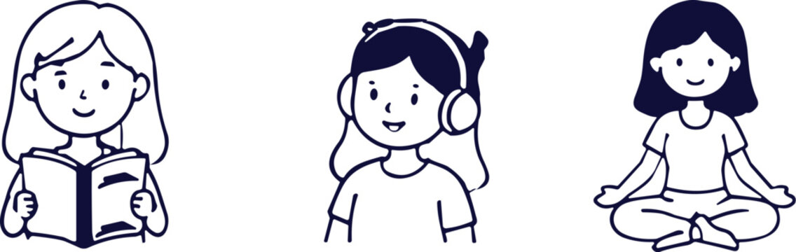 Collection of three simple handdrawn cartoon girls engaged in different relaxing activities and hobbies