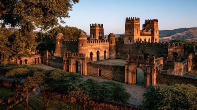 Morning light over Fasil Ghebbi Royal Enclosure: ancient Ethiopian fortress in Gondar