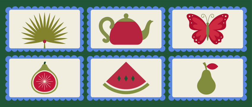 Set of six decorative rectangular cards featuring flat minimalist illustrations of a palm leaf teapot butterfly fig watermelon