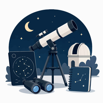 Telescope on tripod observing night sky with stars