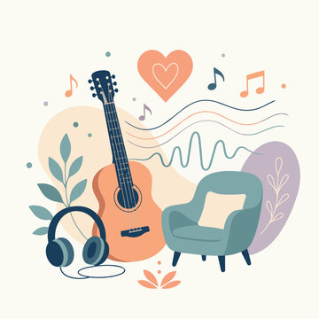 Acoustic guitar, headphones, and music notes expressing melody and relaxation